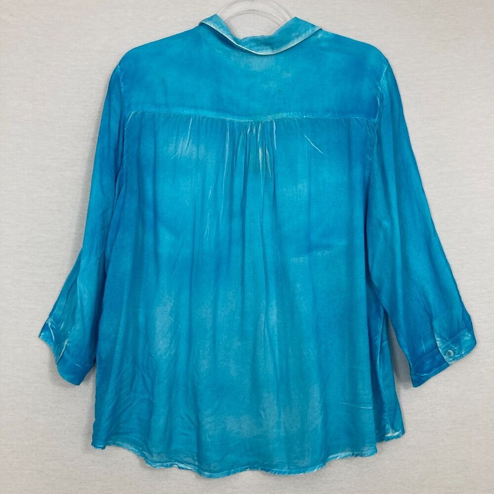 New Chico's Blue Aqua Color‎ Spray Ultra Soft Flowy Button Down XL/3 Preppy - Picture 10 of 12